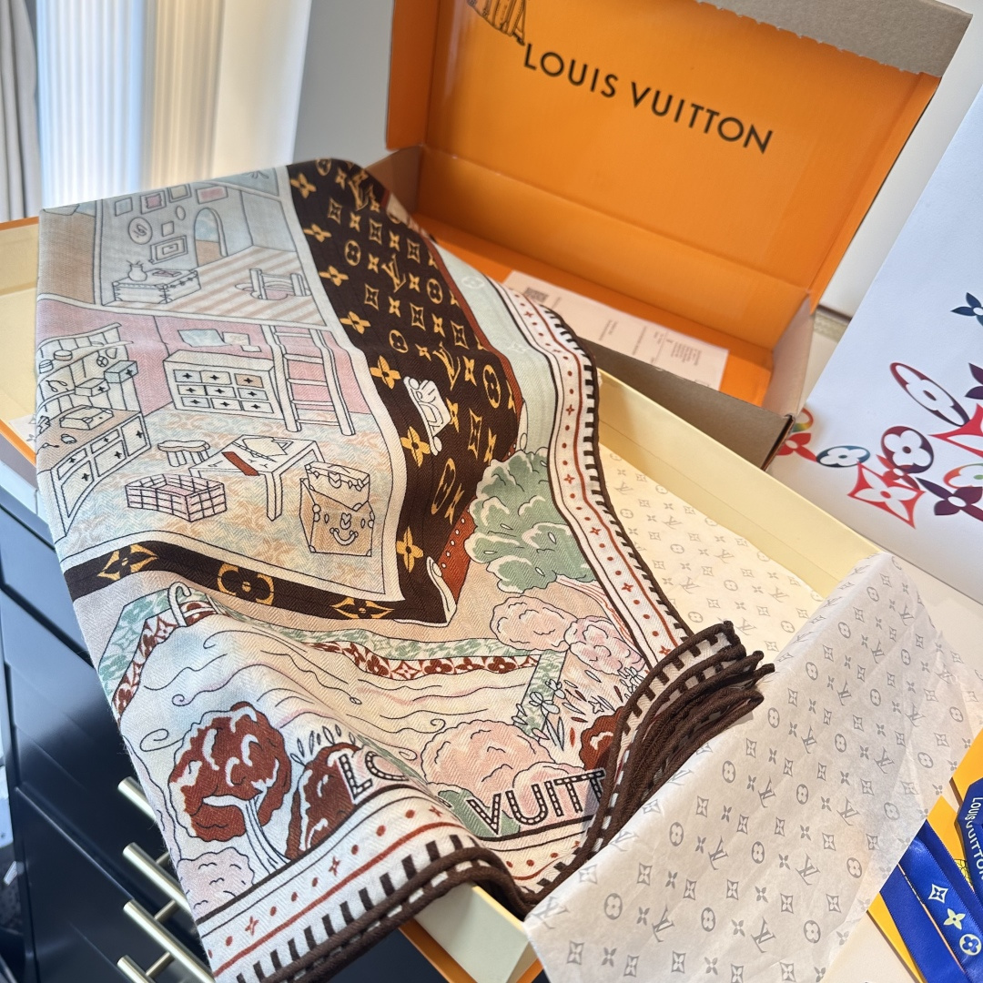 ❄【双面同色】原单Lv140cm丝绒方本款方巾，丝印工艺刻画丰富细节，描绘 Monogram 薇薇安之家