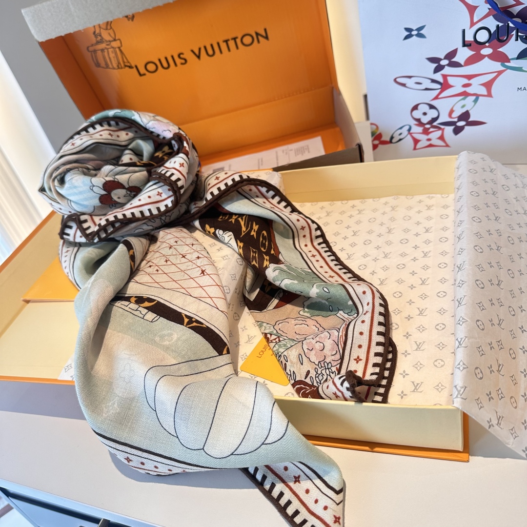 ❄【双面同色】原单Lv140cm丝绒方本款方巾，丝印工艺刻画丰富细节，描绘 Monogram 薇薇安之家