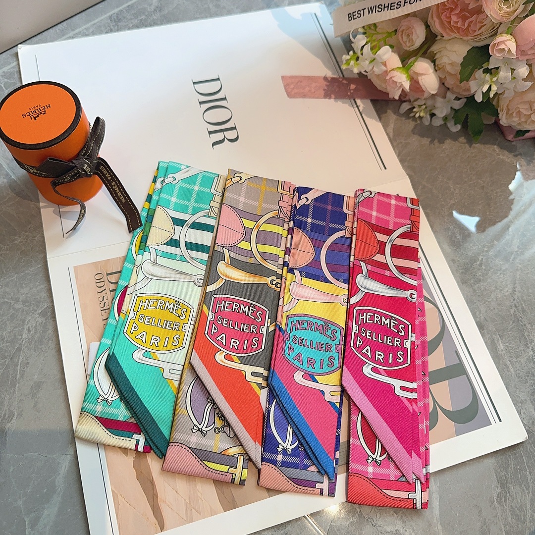Hermes Twilly Silk Ribbon Scarf - 100% Twill Silk, Double-Sided Design