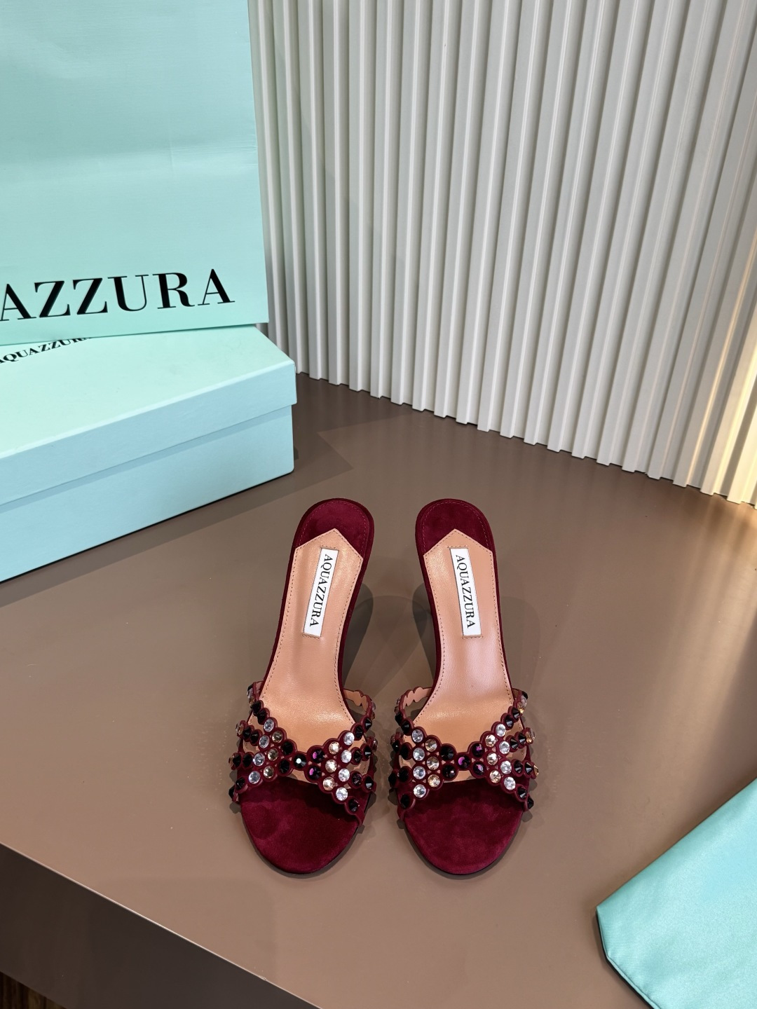 Aquazzura 水鑽 露趾 高跟 拖鞋 酒紅
