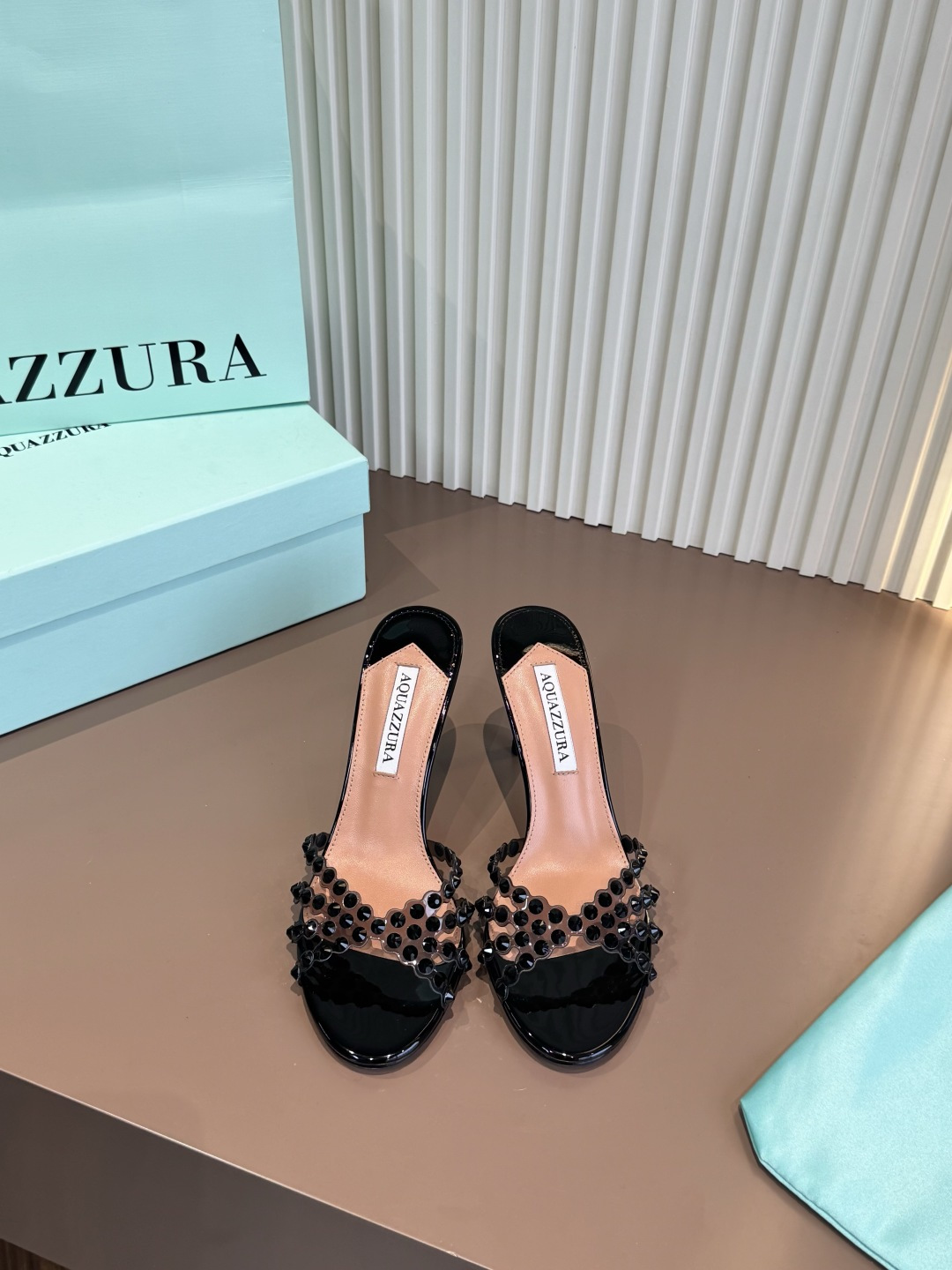 Aquazzura 拖鞋 燙鑽 PVC 羊皮 黑色