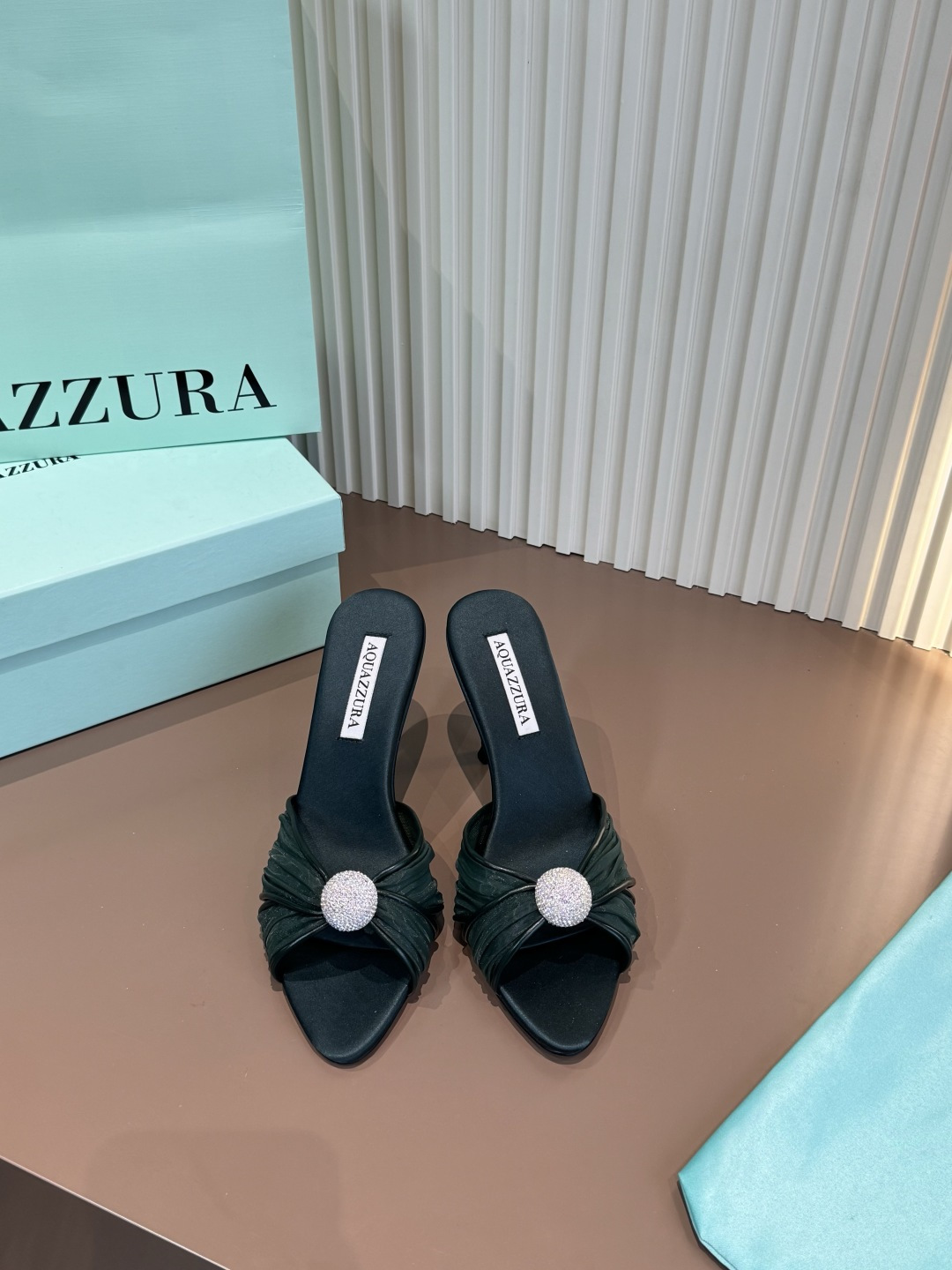 Aquazzura 高跟拖鞋 真絲 鑲鑽 黑色