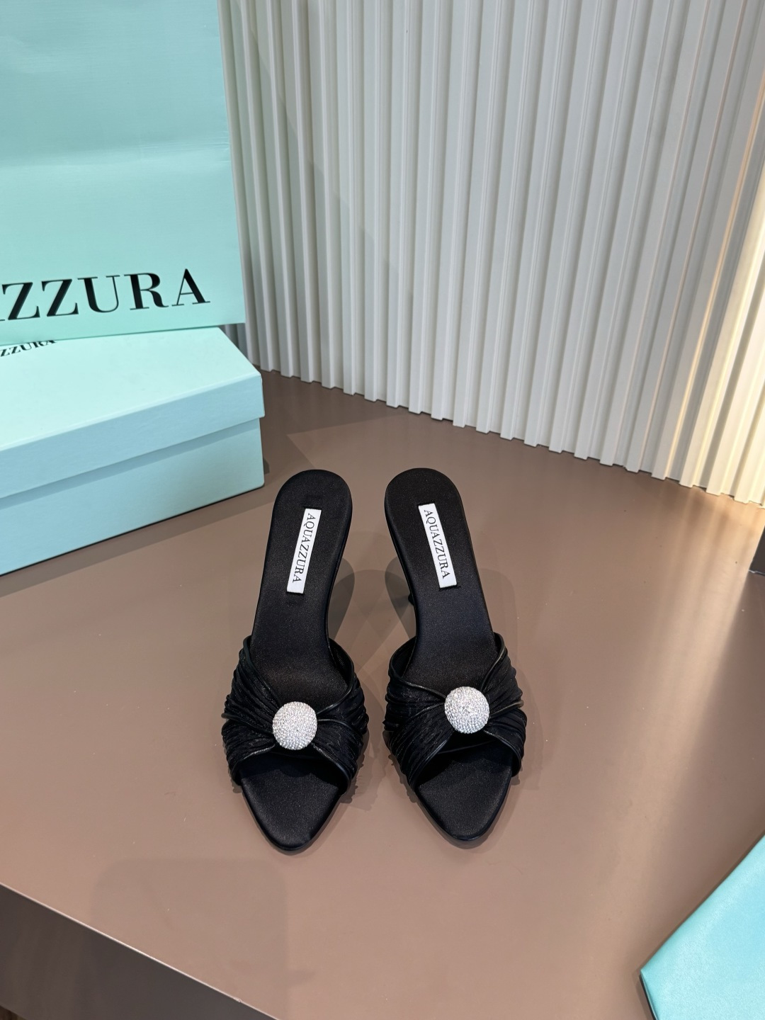 Aquazzura 高跟拖鞋 真絲 鑲鑽 黑色