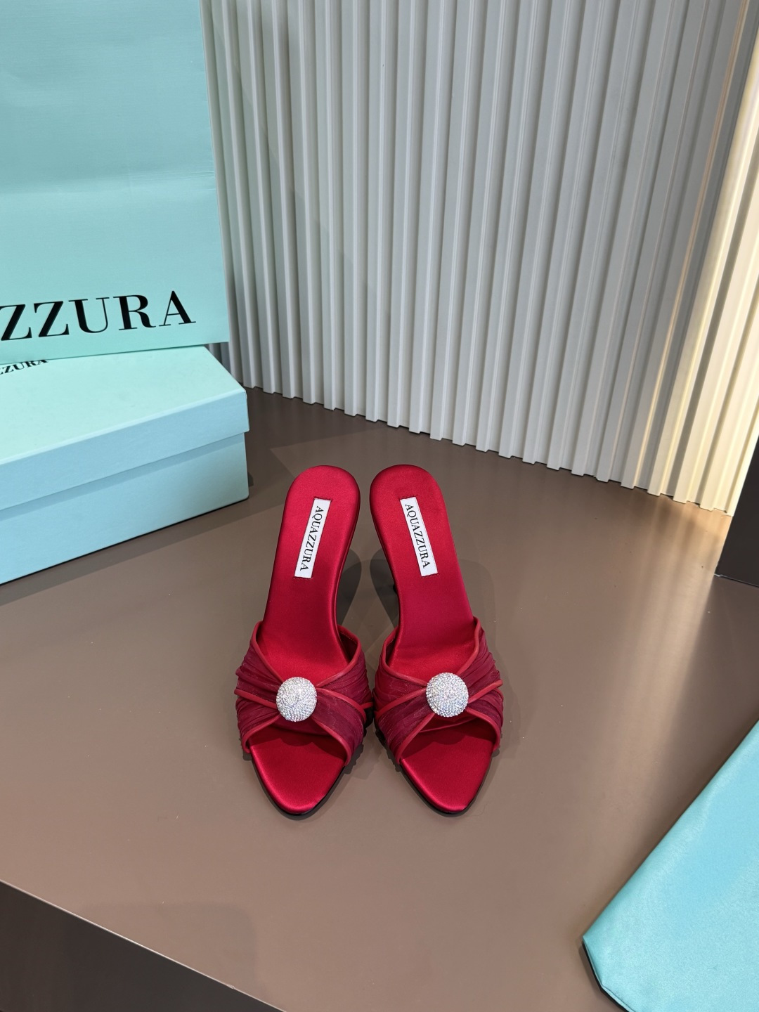 Aquazzura 高跟拖鞋 真絲 鑲鑽 交叉帶