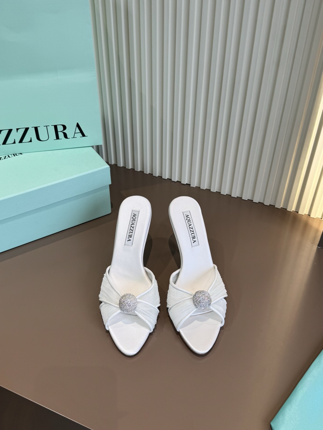 Aquazzura 高跟拖鞋 真絲 鑲鑽 交叉設計