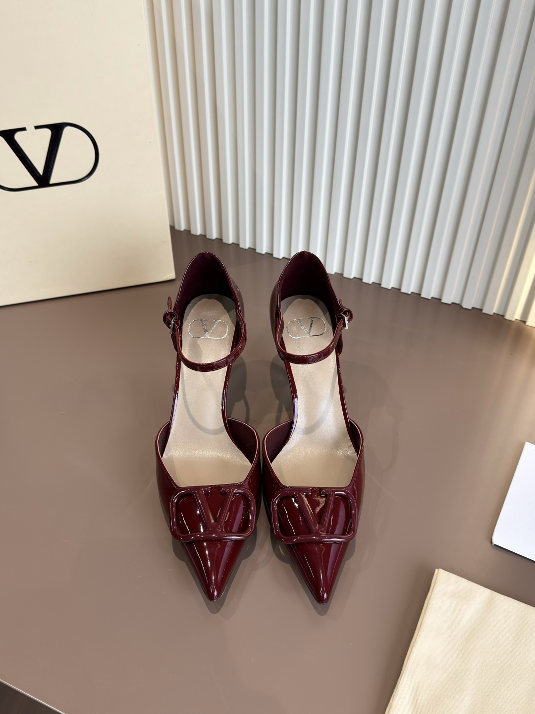 Valentino patent leather pointed-toe Mary Jane high heels V-buckle