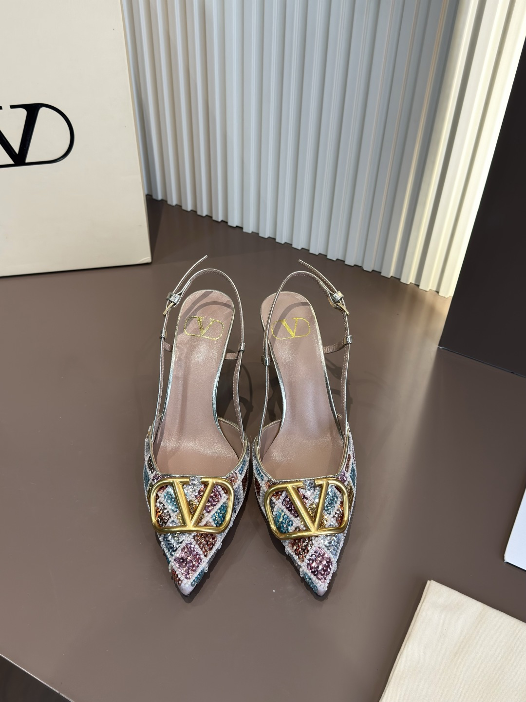Valentino Pointed Toe Stiletto Colorful Sequin Crystal Metal Buckle High Heels