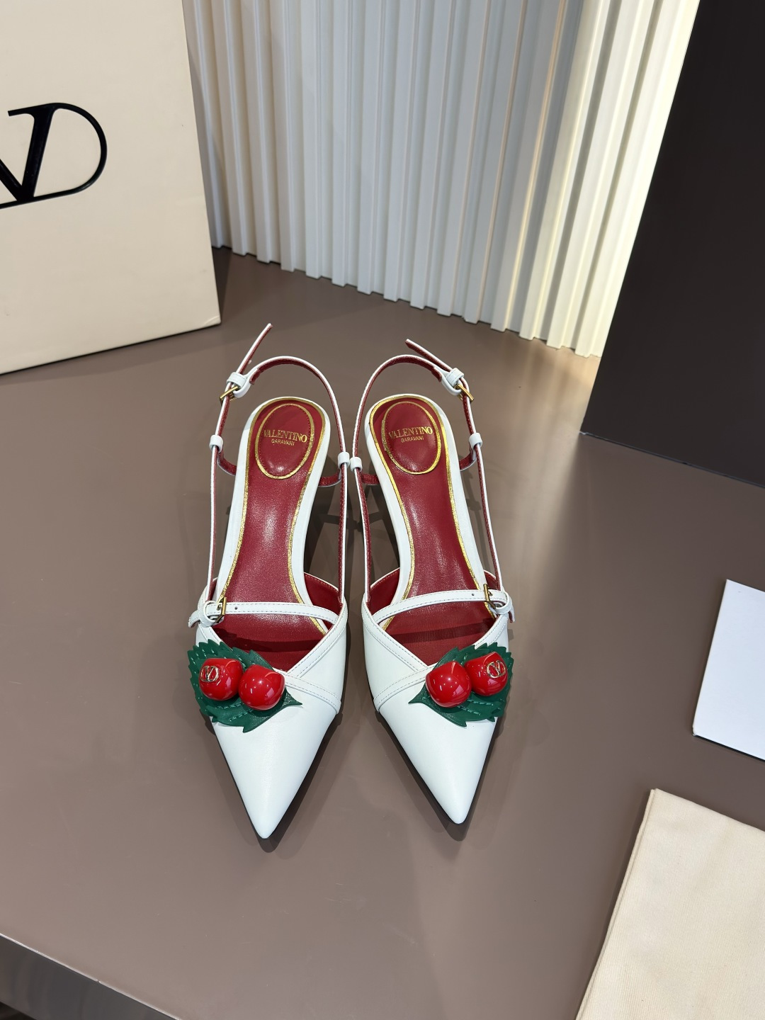 Valentino White Pointed Toe Slingback High Heels with Cherry Embellishment