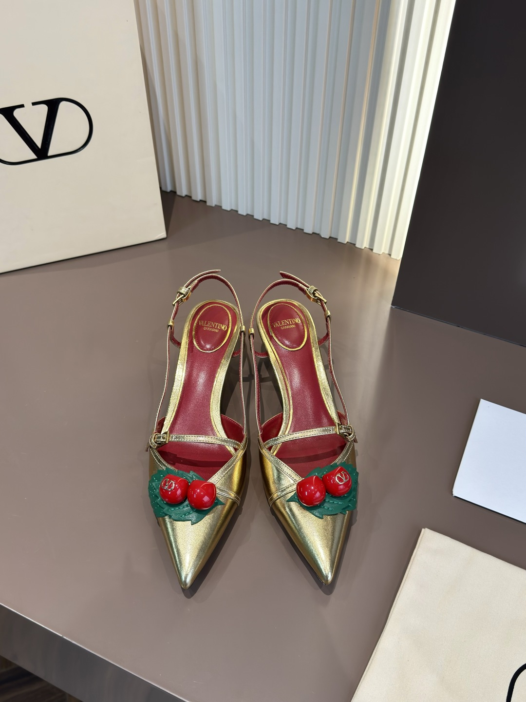 Valentino Gold Pointed Toe Sandals Cherry Leather