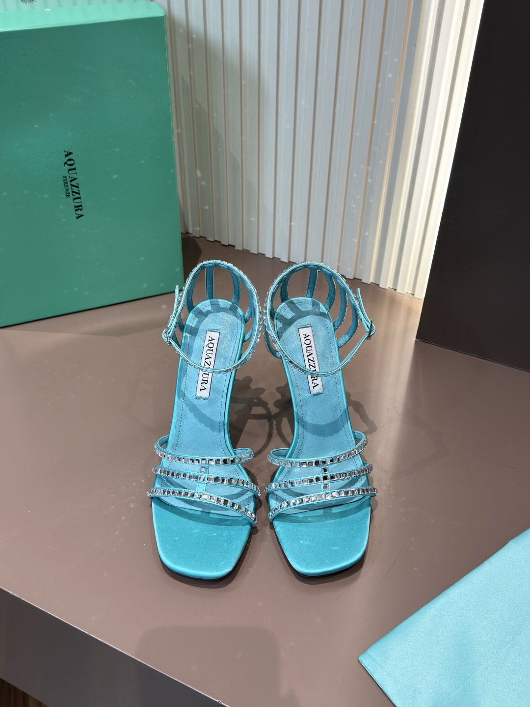 Aquazzura Sandals Blue Silk Crystal Embellished Stiletto
