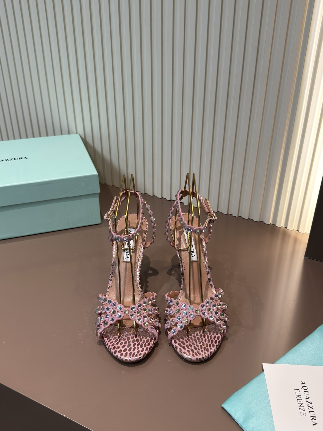 Aquazzura High Heels Crystal Pink Stiletto Open Toe Genuine Leather