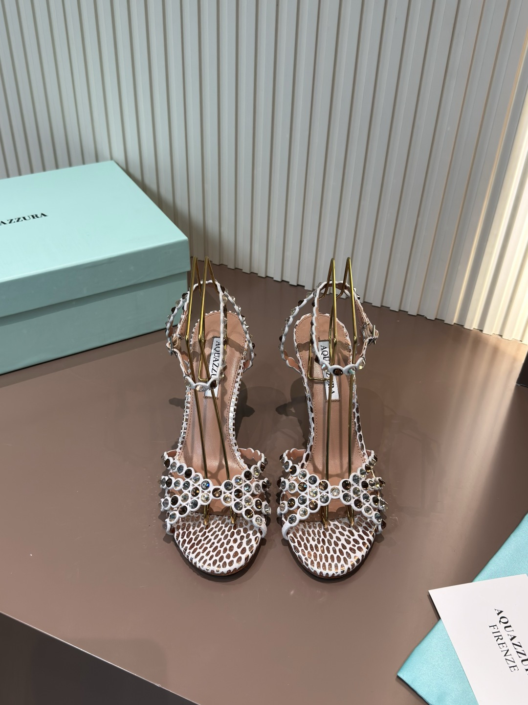 Aquazzura Rhinestone Cutout Leather High Heel Sandals