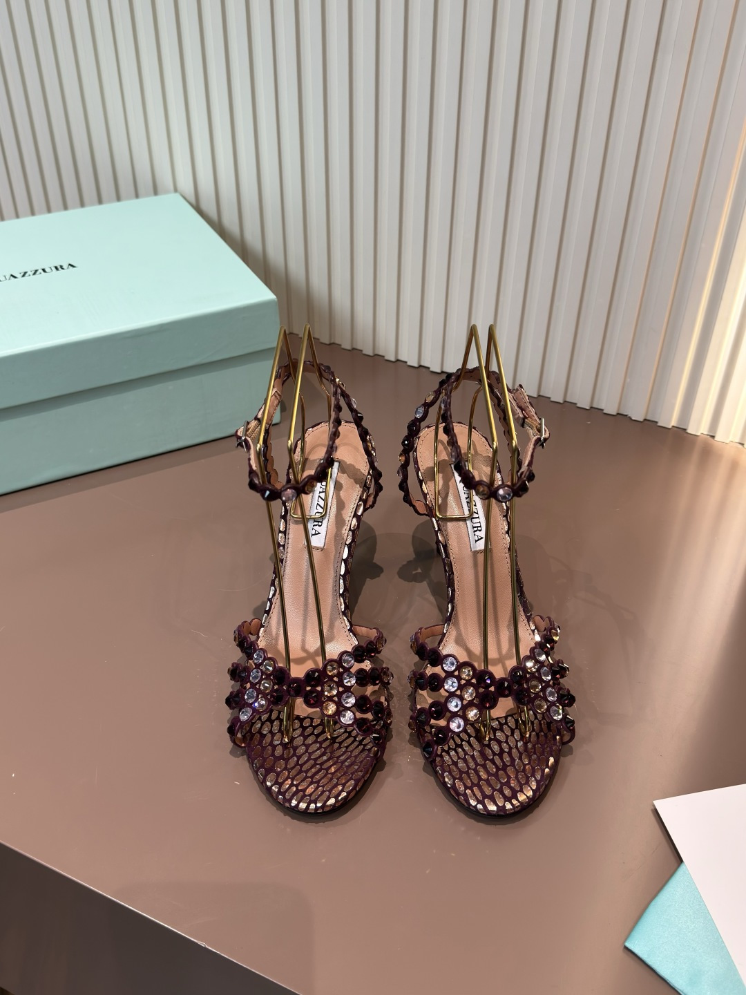 Aquazzura Rhinestone Mesh Leather High Heel Sandals
