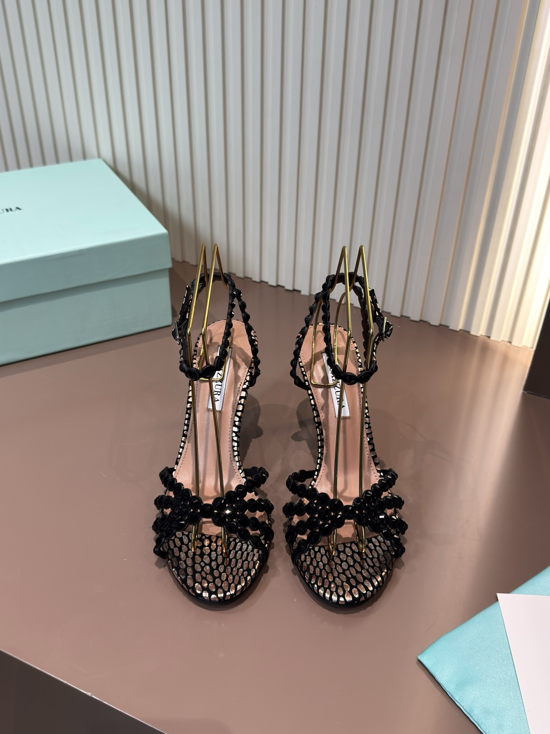 Aquazzura rhinestone cutout high heel sandals black