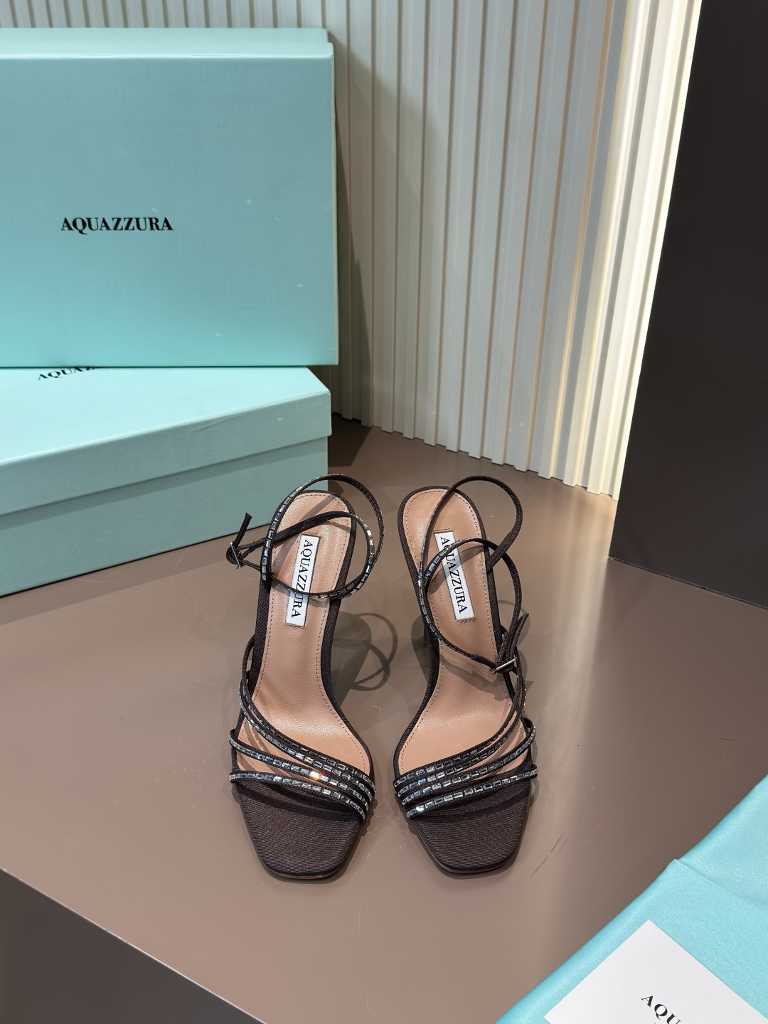 Aquazzura Strappy Rhinestone High Heel Sandals Fabric