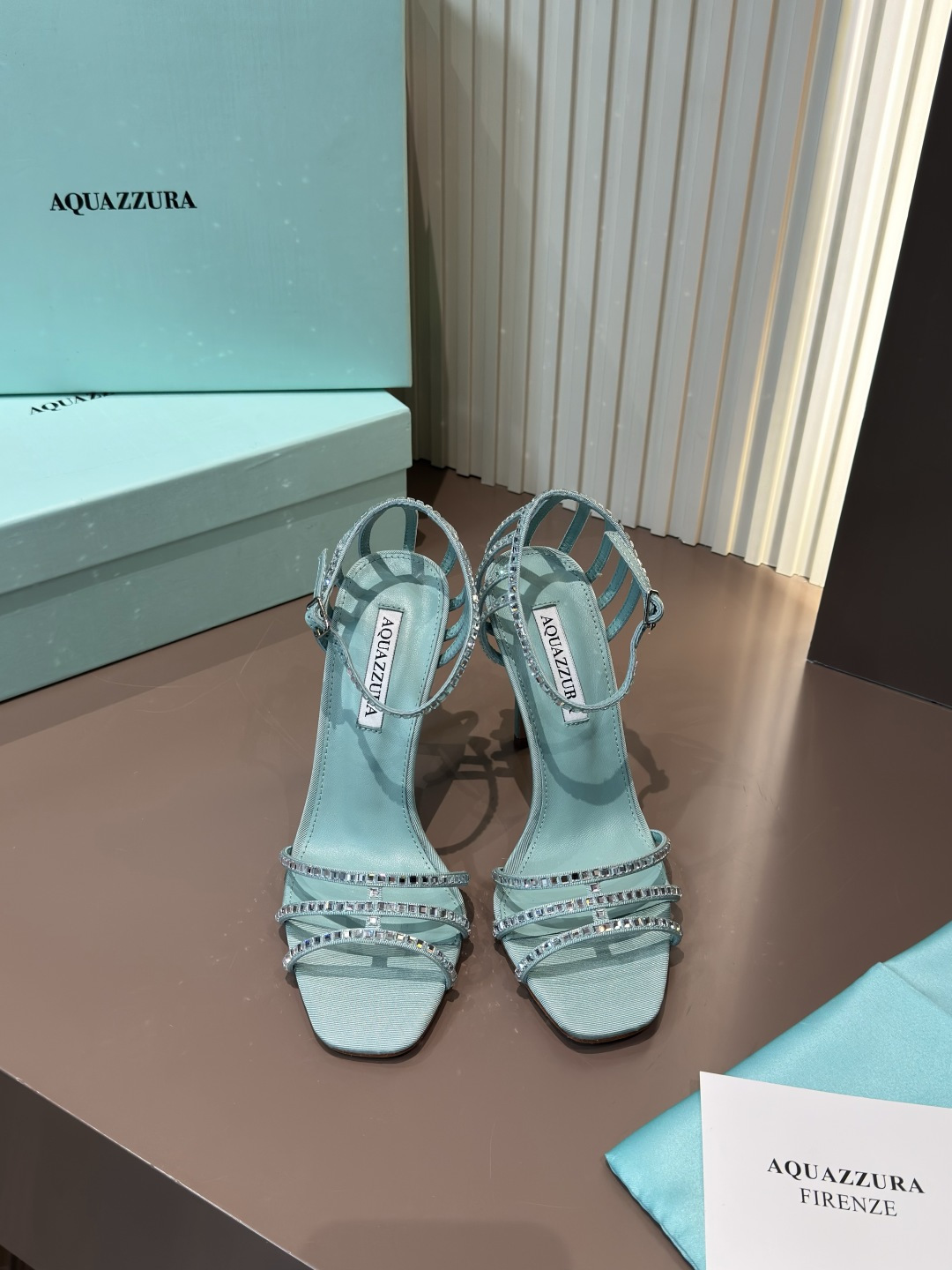 Aquazzura High Heels Patent Leather Rhinestone Stiletto Peep Toe Light Blue