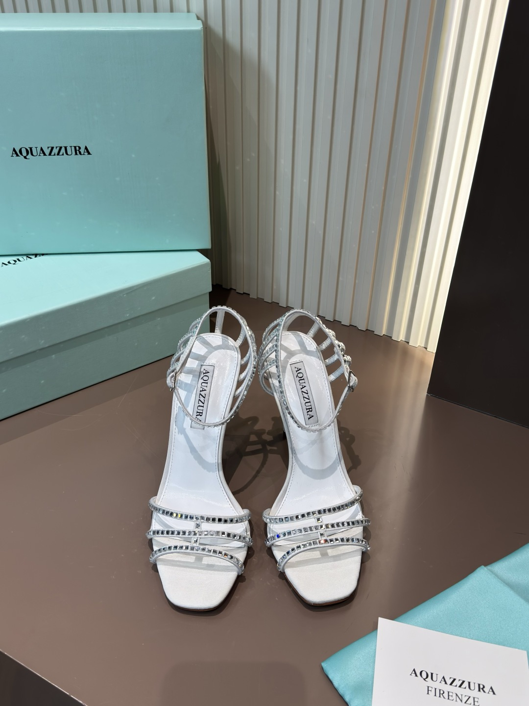 Aquazzura High Heels White Rhinestone Leather Stiletto Open Toe Women's Shoes