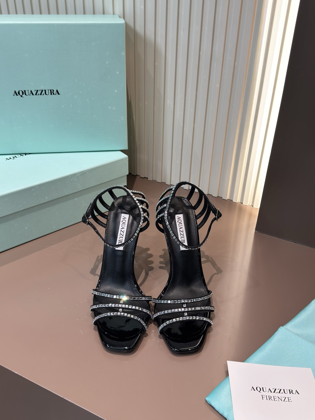 Aquazzura Black Patent Leather Crystal Embellished Open-Toe High Heel Sandals