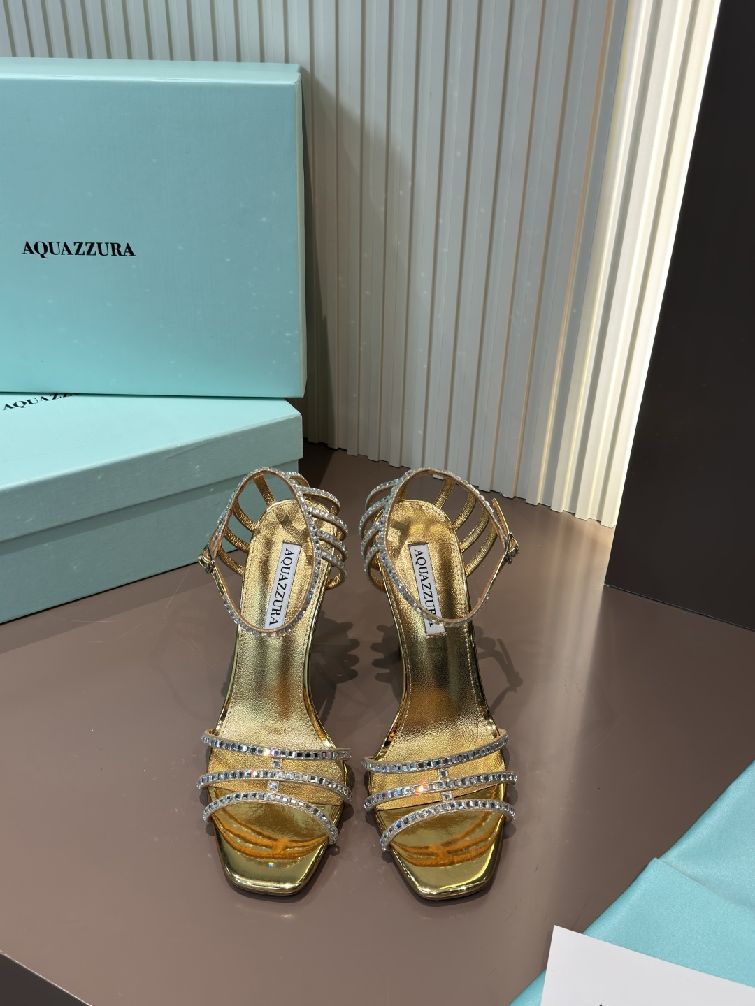 Aquazzura High Heels Crystal Embellished Leather Gold Open Toe Stiletto Sandals