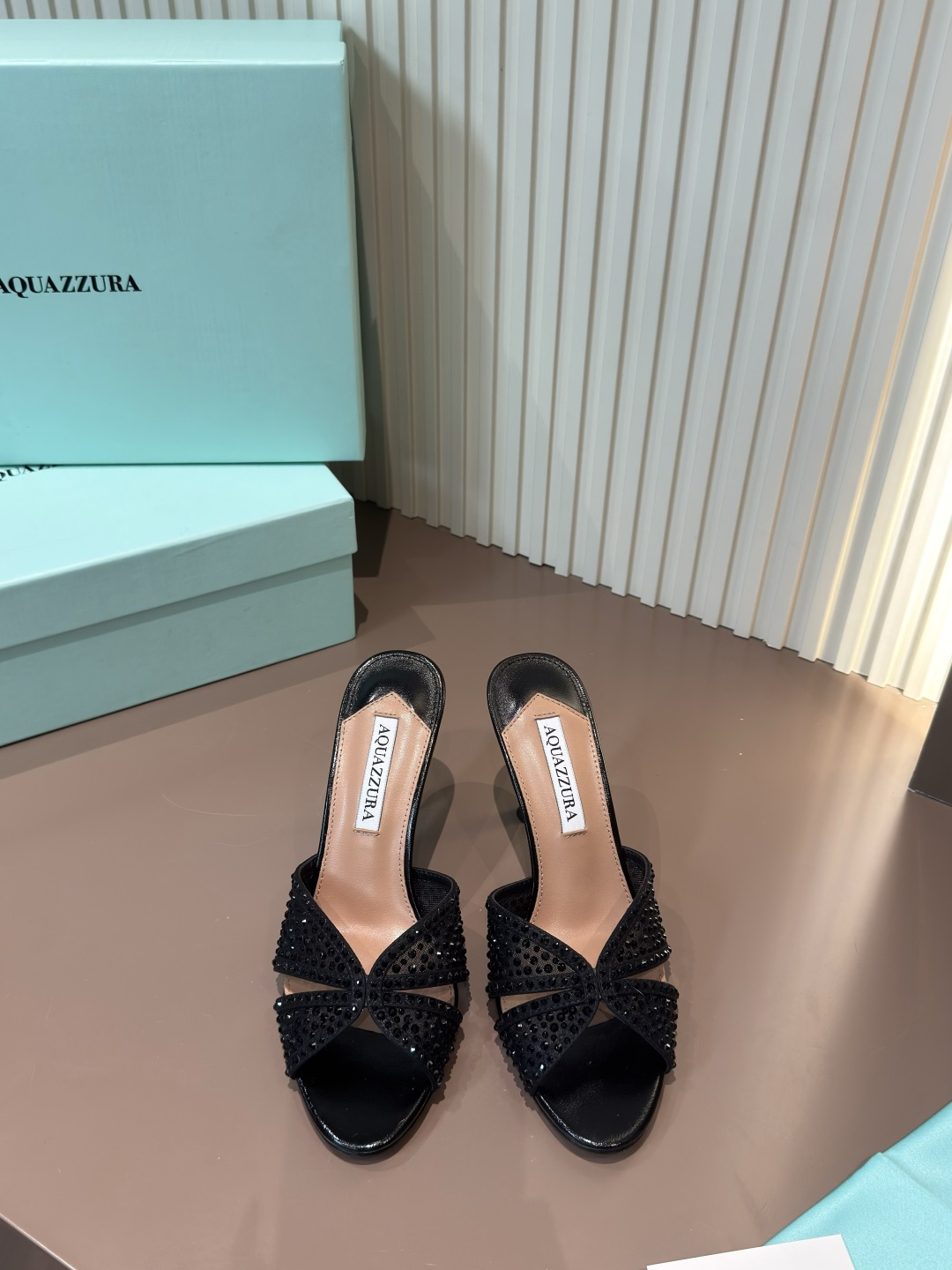 Aquazzura 涼拖 網面燙鑽 羊皮墊腳 黑色