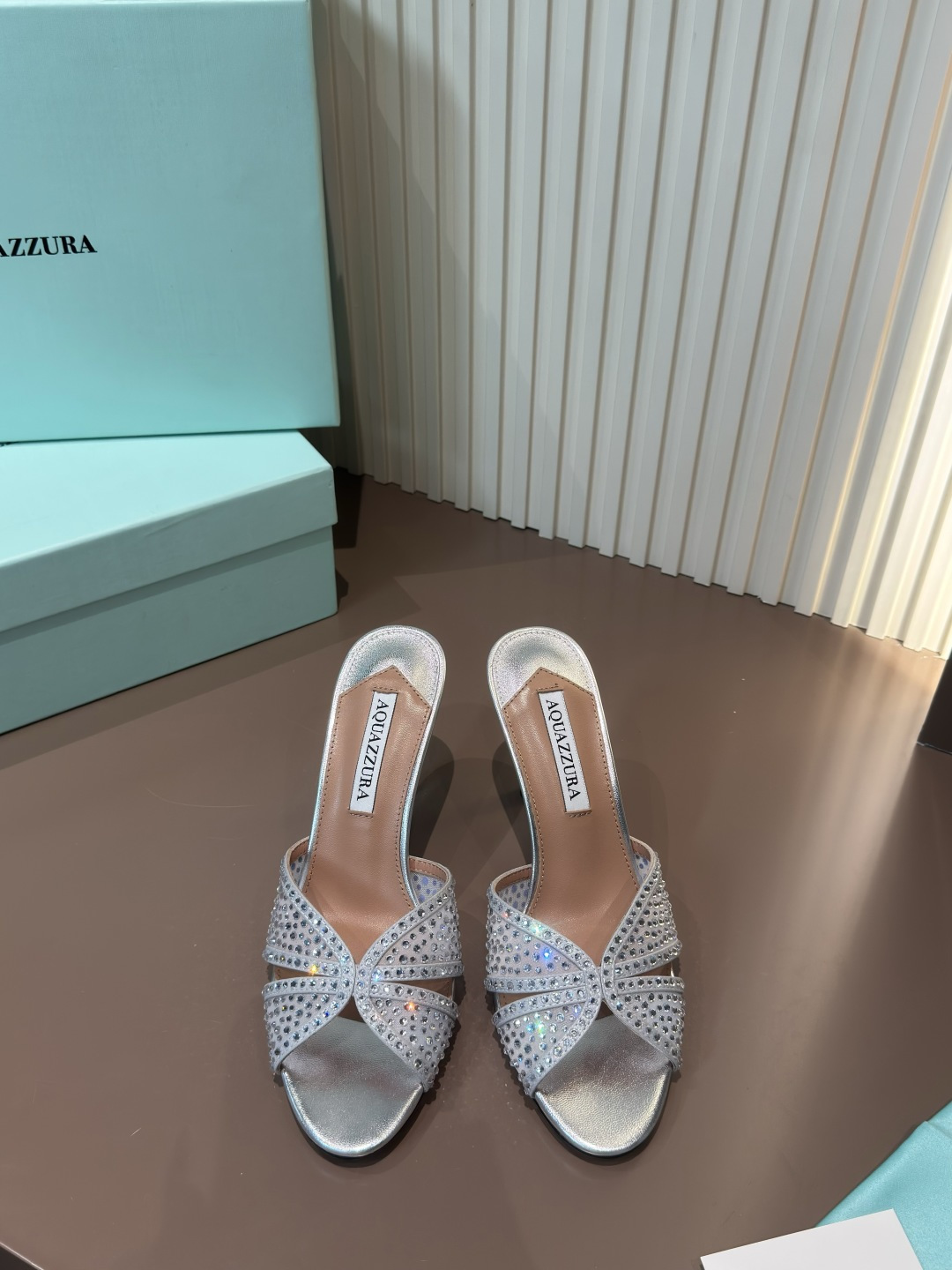 Aquazzura 水鑽 網面 高跟 涼拖 銀色