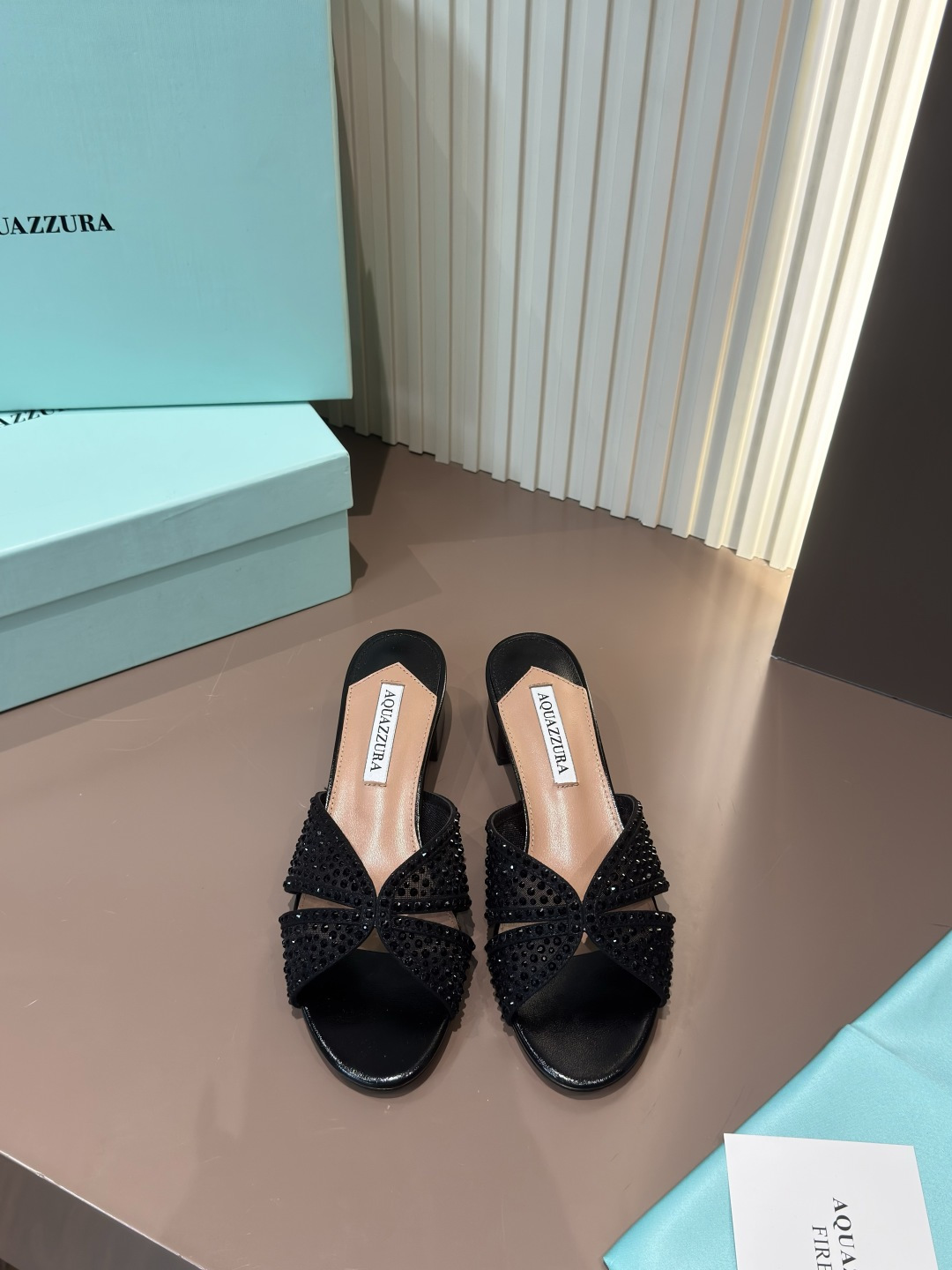 Aquazzura 涼拖 網面燙鑽 羊皮墊腳 黑色