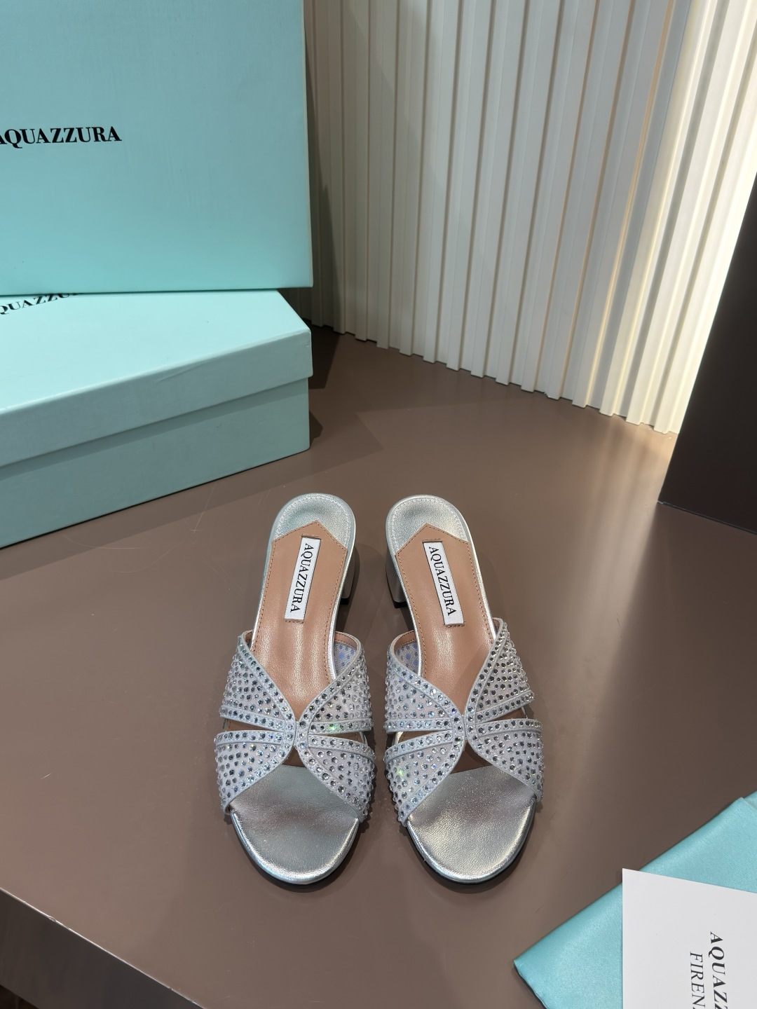 Aquazzura 水鑽網面 羊皮 粗跟 涼拖