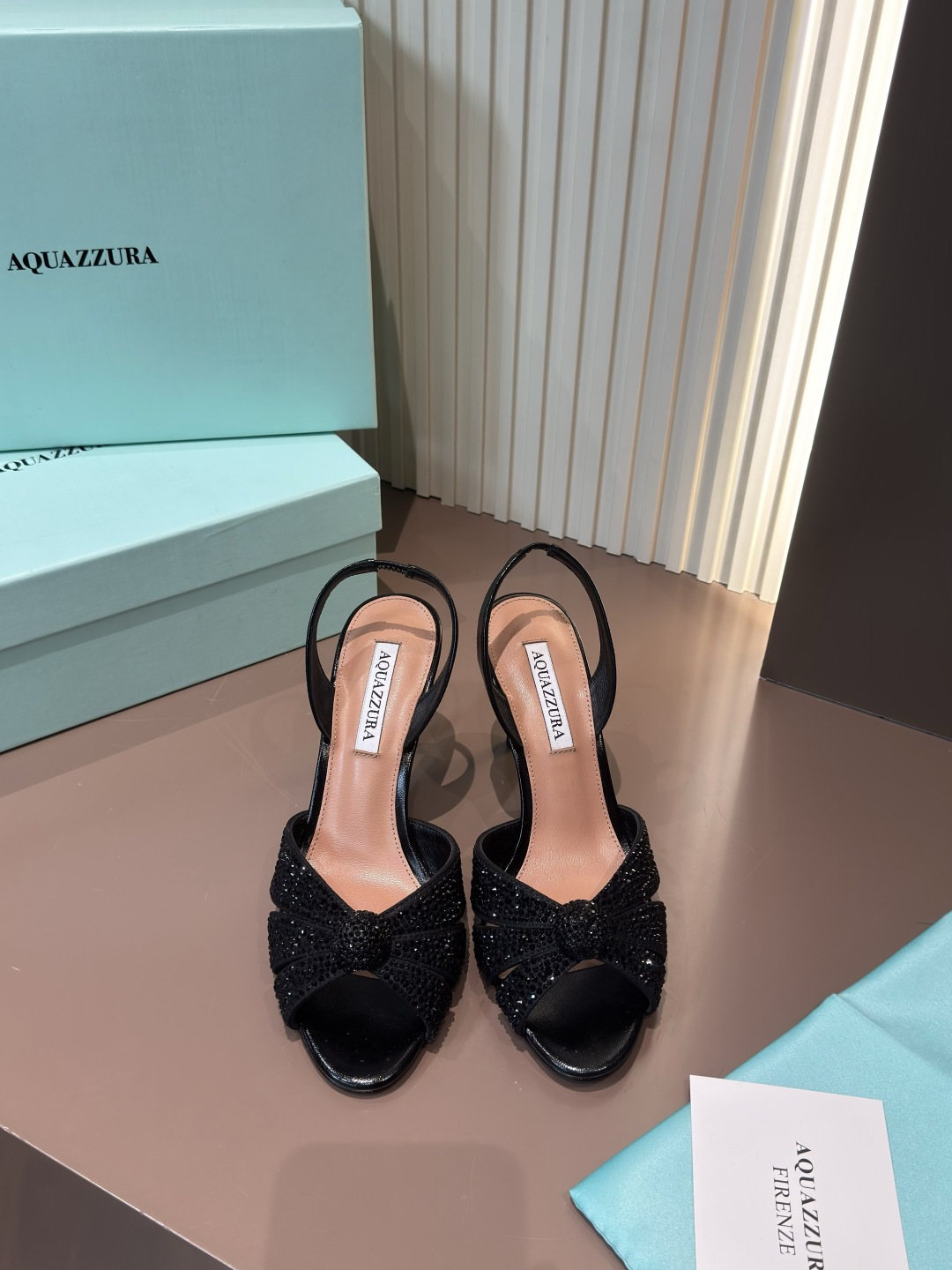 Aquazzura 黑色 網面燙鑽 露趾 後空 高跟鞋