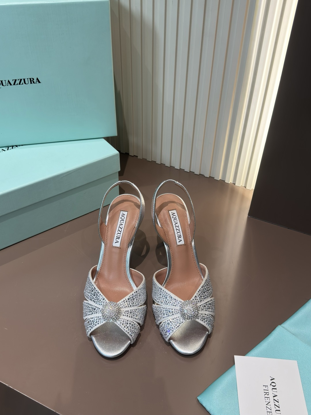 Aquazzura 高跟鞋 網面燙鑽 羊皮墊腳 銀色