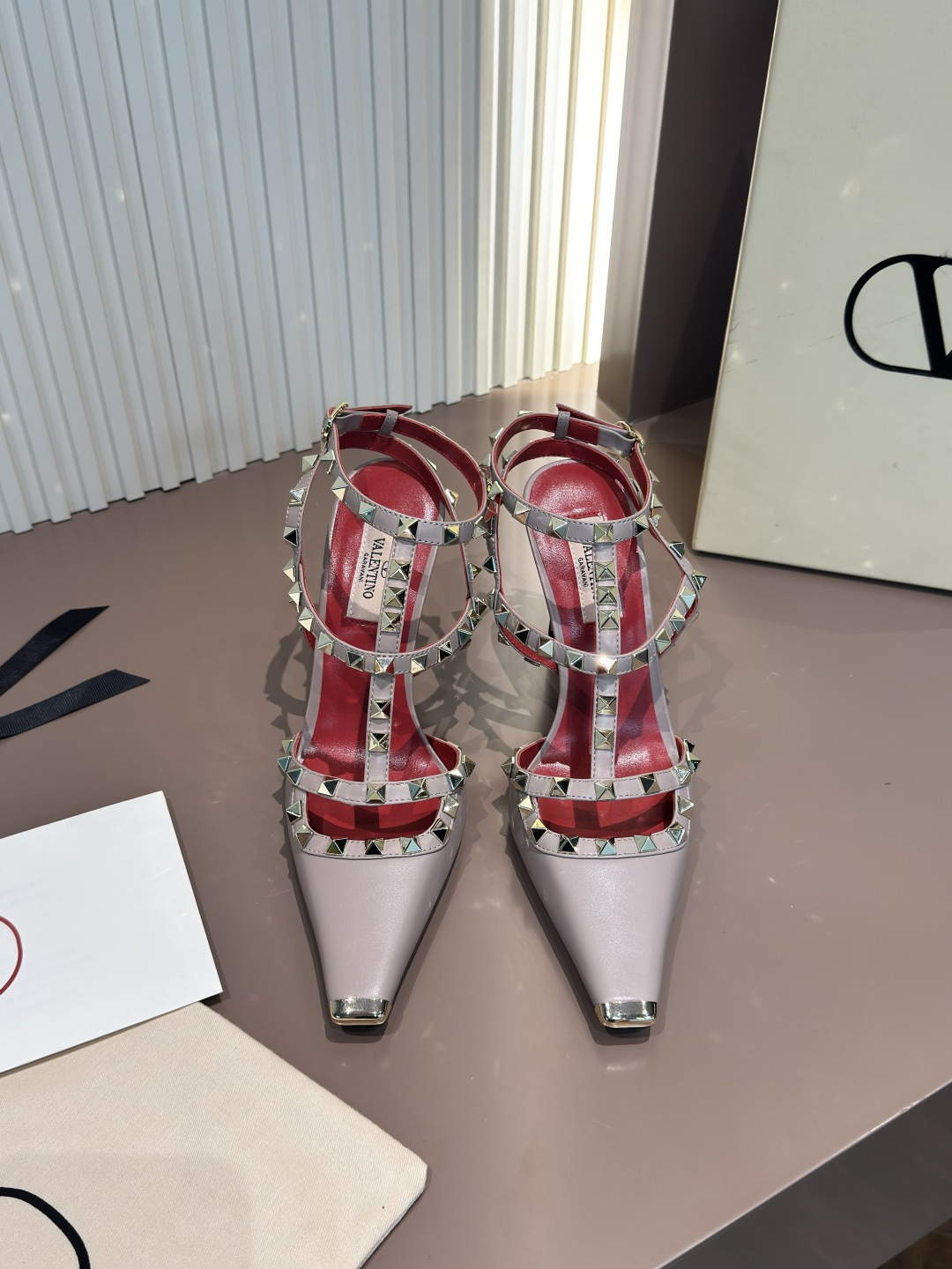Valentino Sandals Cow Leather Pointed Toe Studs Metal Toe Cap Stiletto High Heel