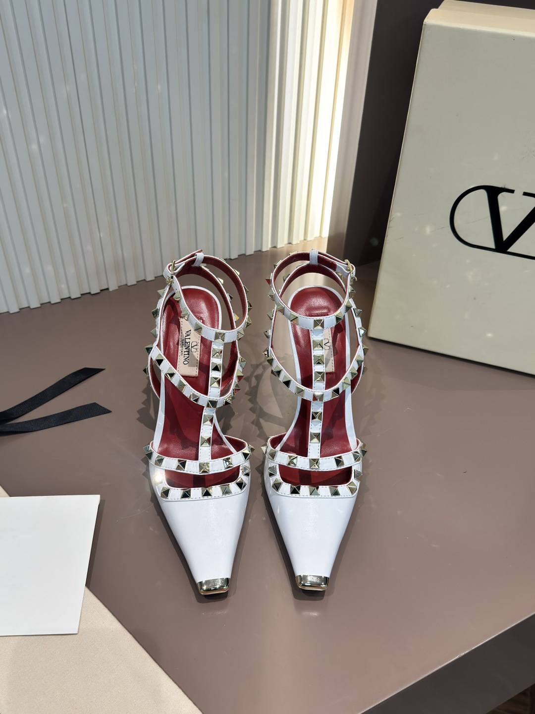 Valentino Sandals Cowhide Pointed Toe Studs Metal Toe Cap Stiletto High Heel