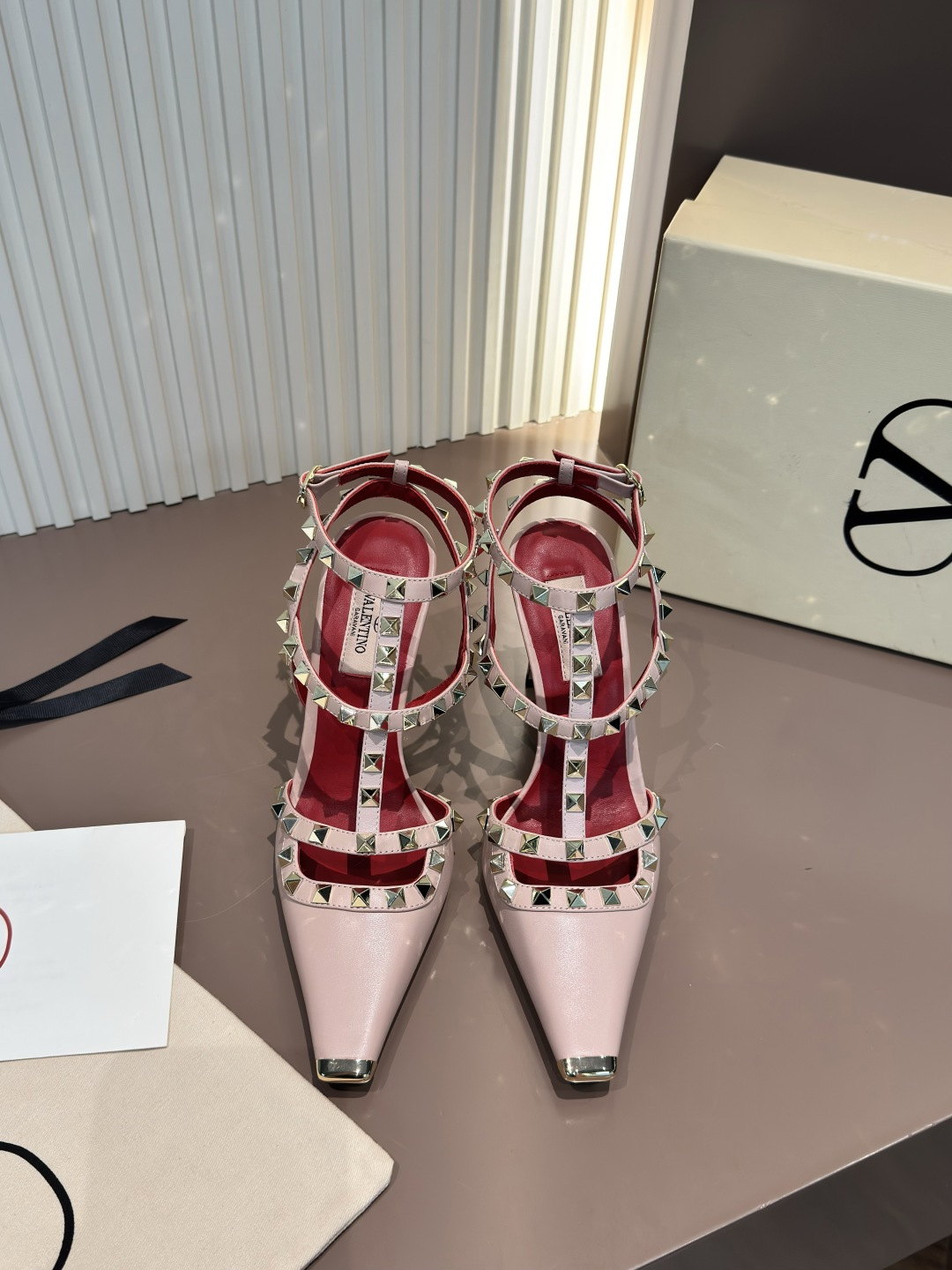 Valentino Pointed Toe Studded Sandals Leather Metal Toe