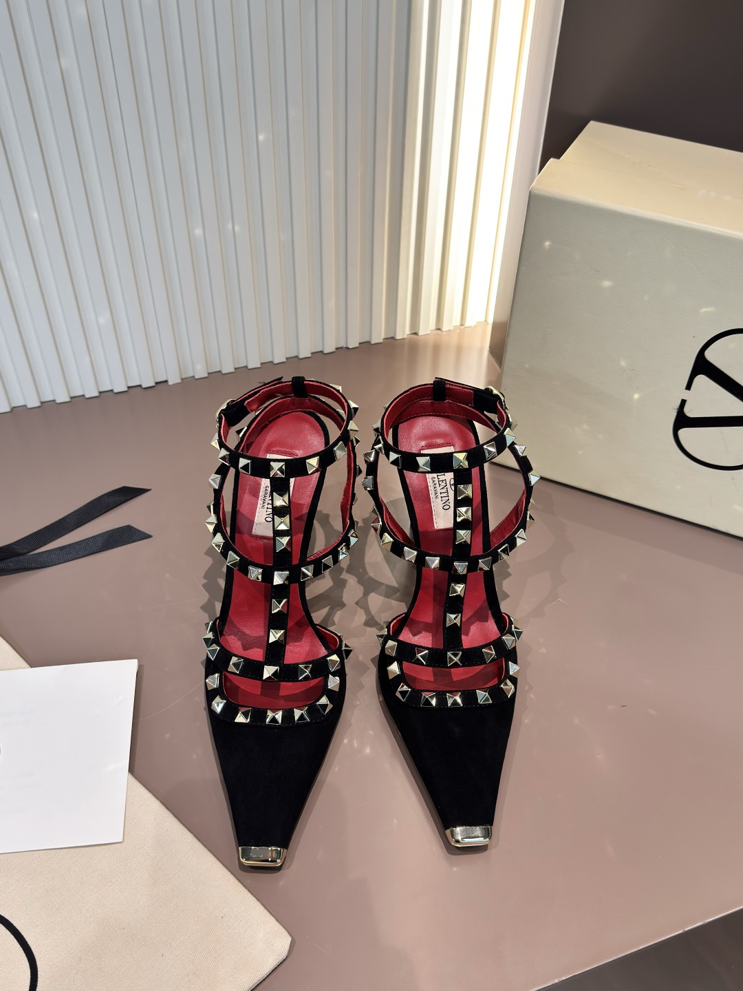 Valentino Sandals Cow Leather Studs Pointed Toe Metal Toe