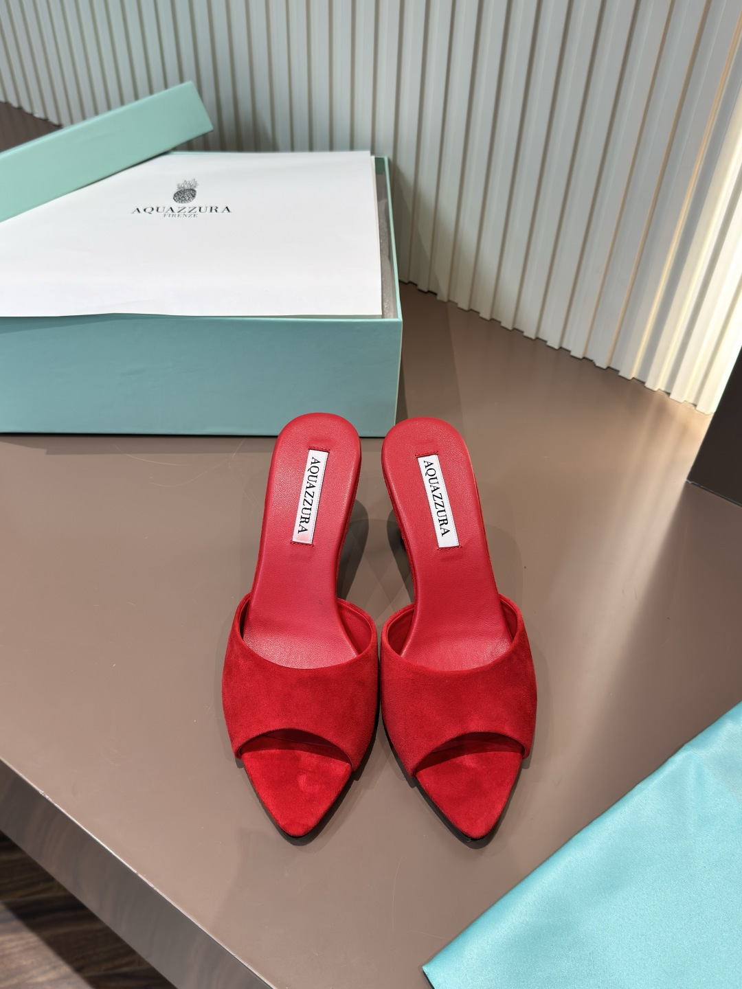 AQUAZZURA 紅色 羊京 尖頭 露趾 高跟 涼拖