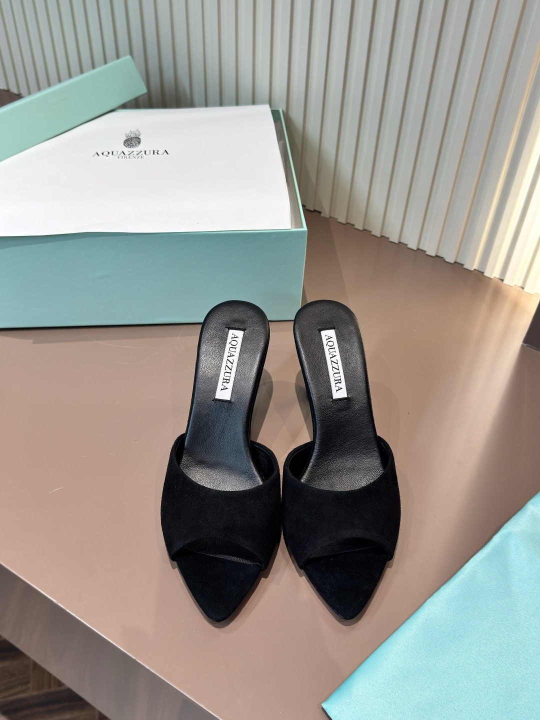 AQUAZZURA Noir Nubuck Mules à Talon Haut Bout Pointu Ouvert