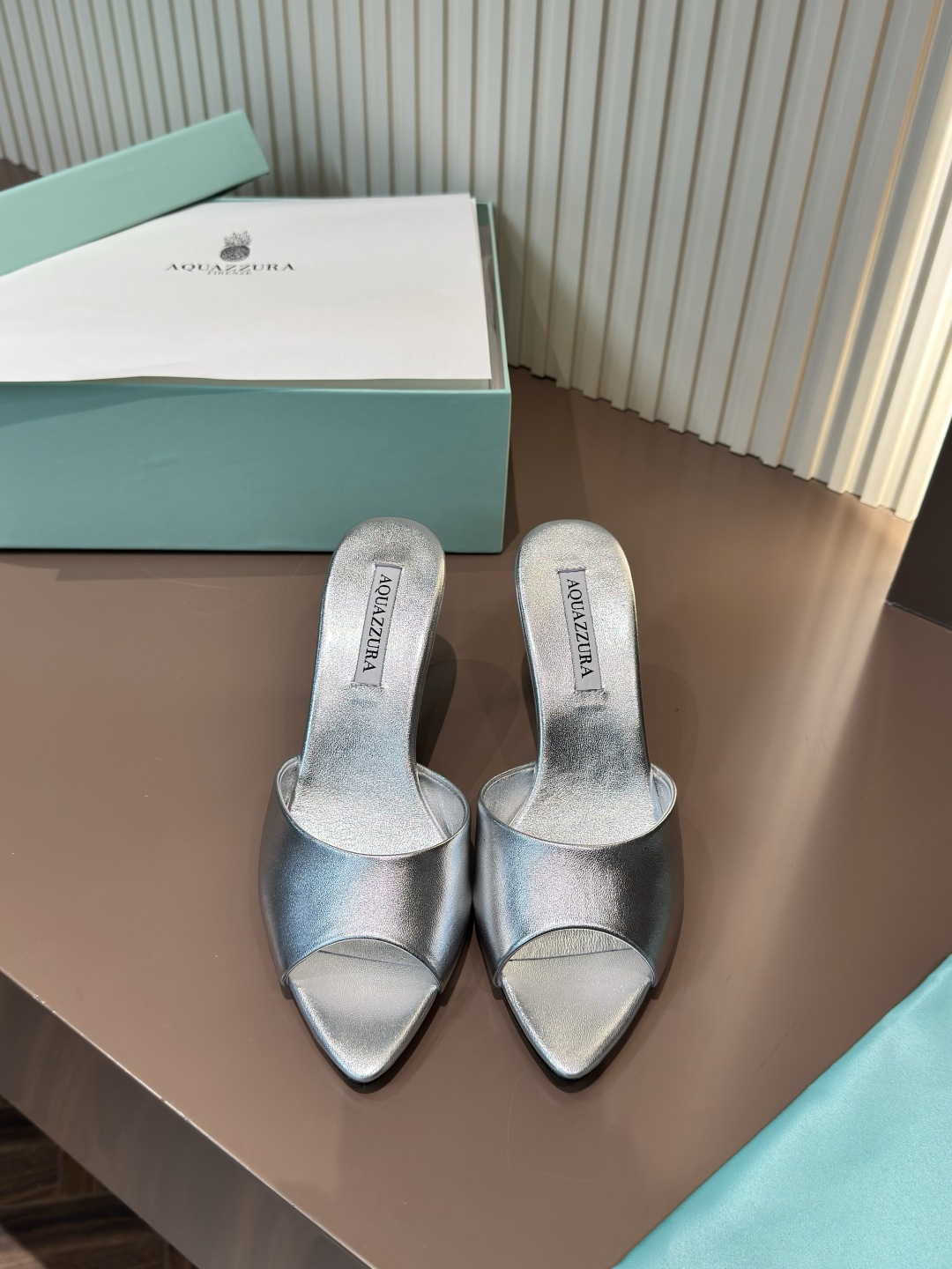 AQUAZZURA Silver Nappa Leather Open-Toe High-Heel Slide Sandals