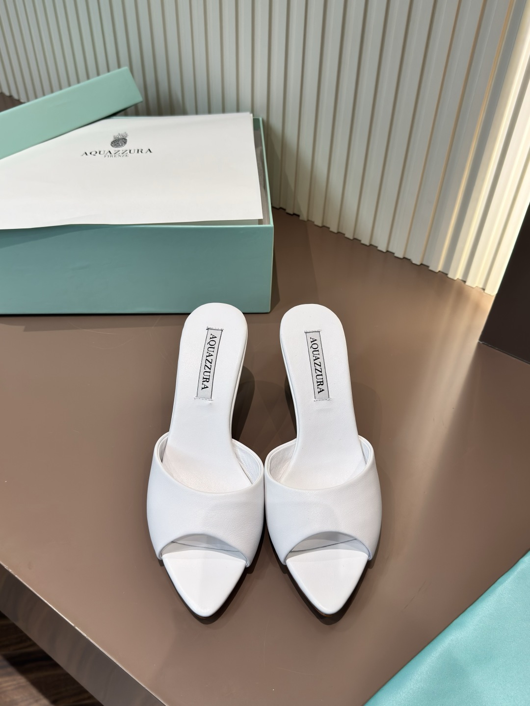 AQUAZZURA White Nappa Leather Pointed Toe Open Toe High Heel Mules