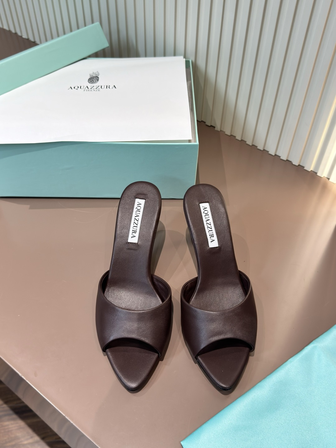 AQUAZZURA Pointed Toe Open Toe Nappa Leather High Heel Slide Sandals