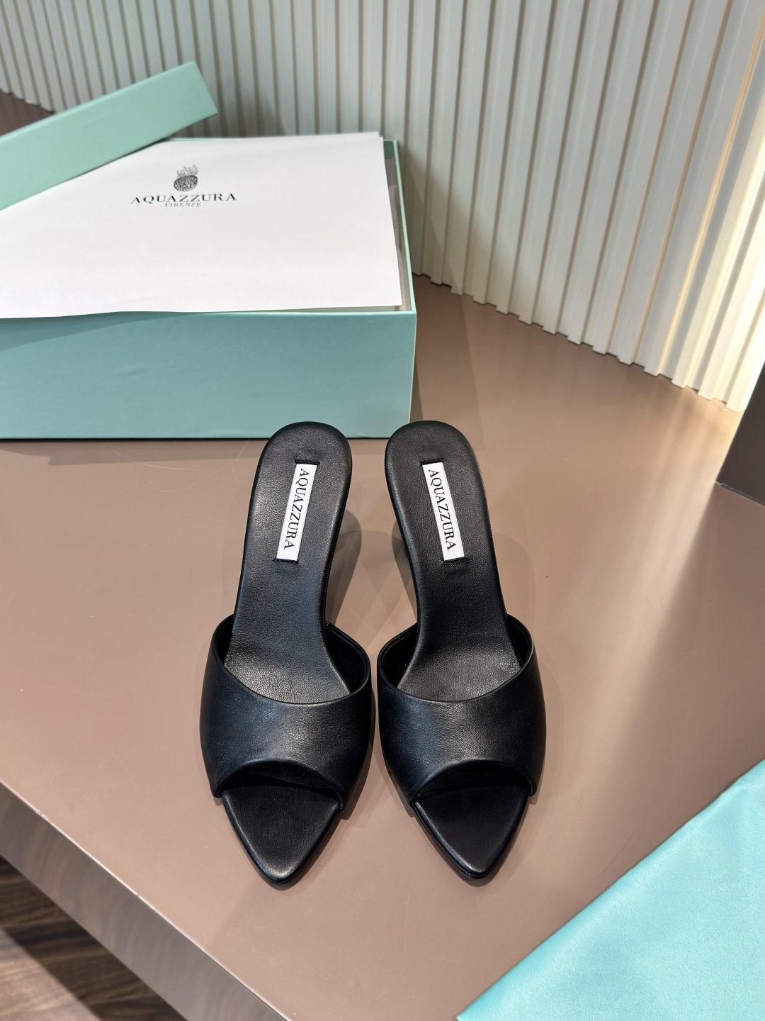 AQUAZZURA Black Suede Leather Open-Toe High Heel Slide Sandals