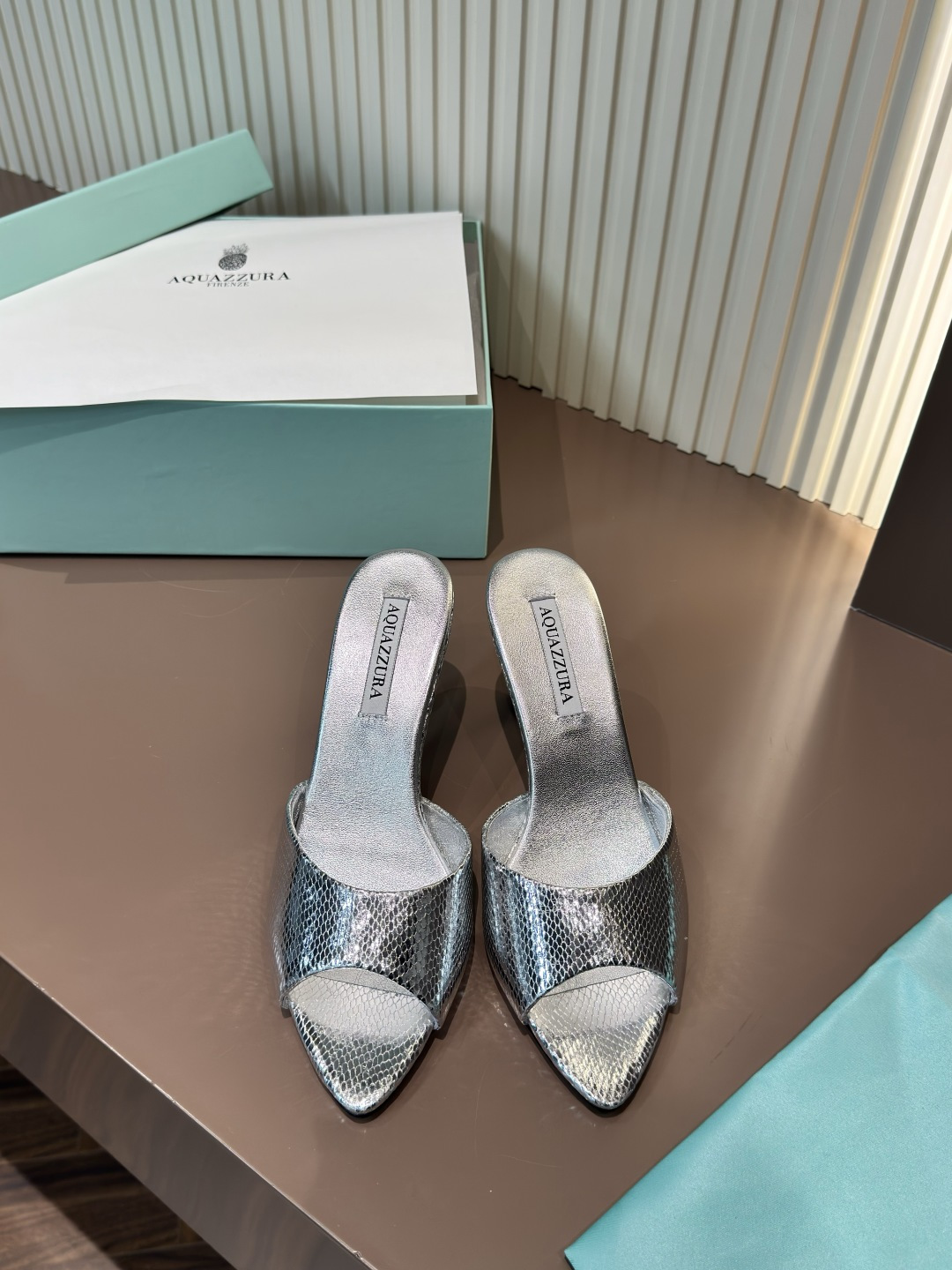 AQUAZZURA Silver Snakeskin Nappa Leather Open-Toe High Heel Slide Sandals