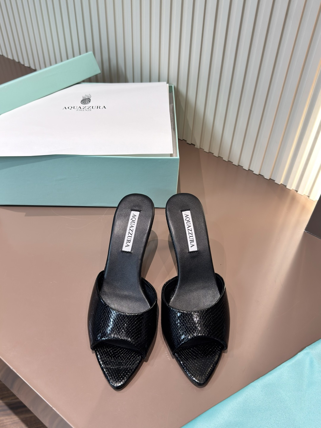 AQUAZZURA Black Suede Leather Open-Toe High Heel Slide Sandals