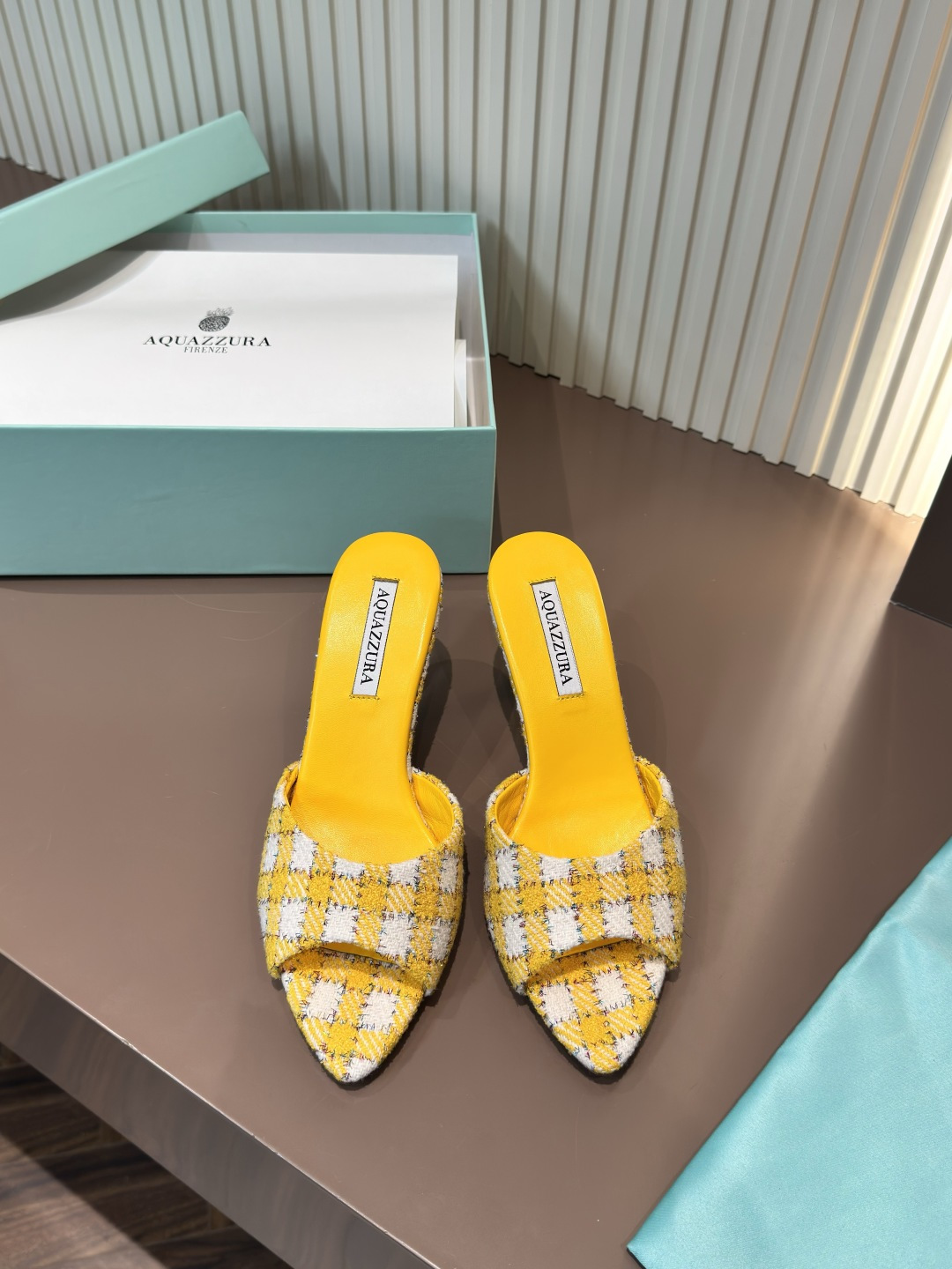 AQUAZZURA Pointed Toe Mules Yellow Plaid Kid Suede High Heel