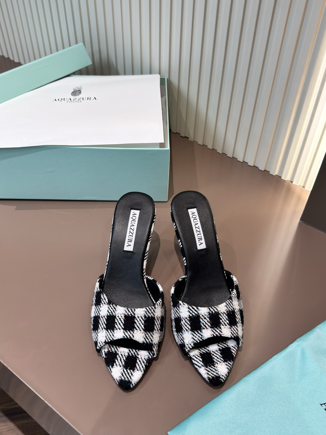 AQUAZZURA Pointed Toe High Heel Mules Plaid Kid Suede Cow Leather