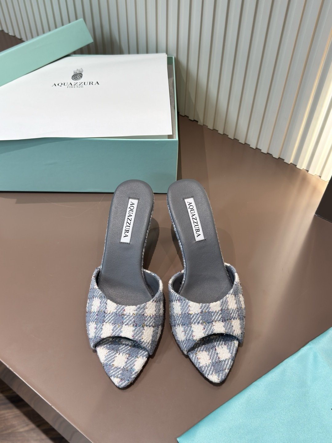 AQUAZZURA Pointed Toe Mules Checkered Suede Calfskin