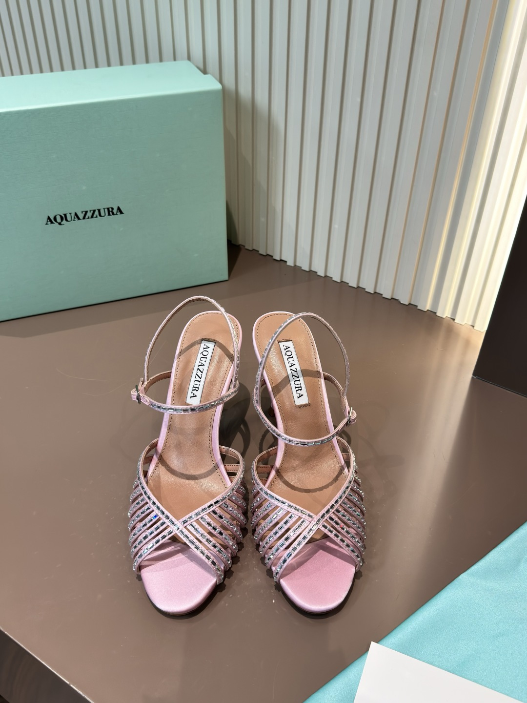 Aquazzura 水鑽 真絲 露趾 細跟 高跟鞋