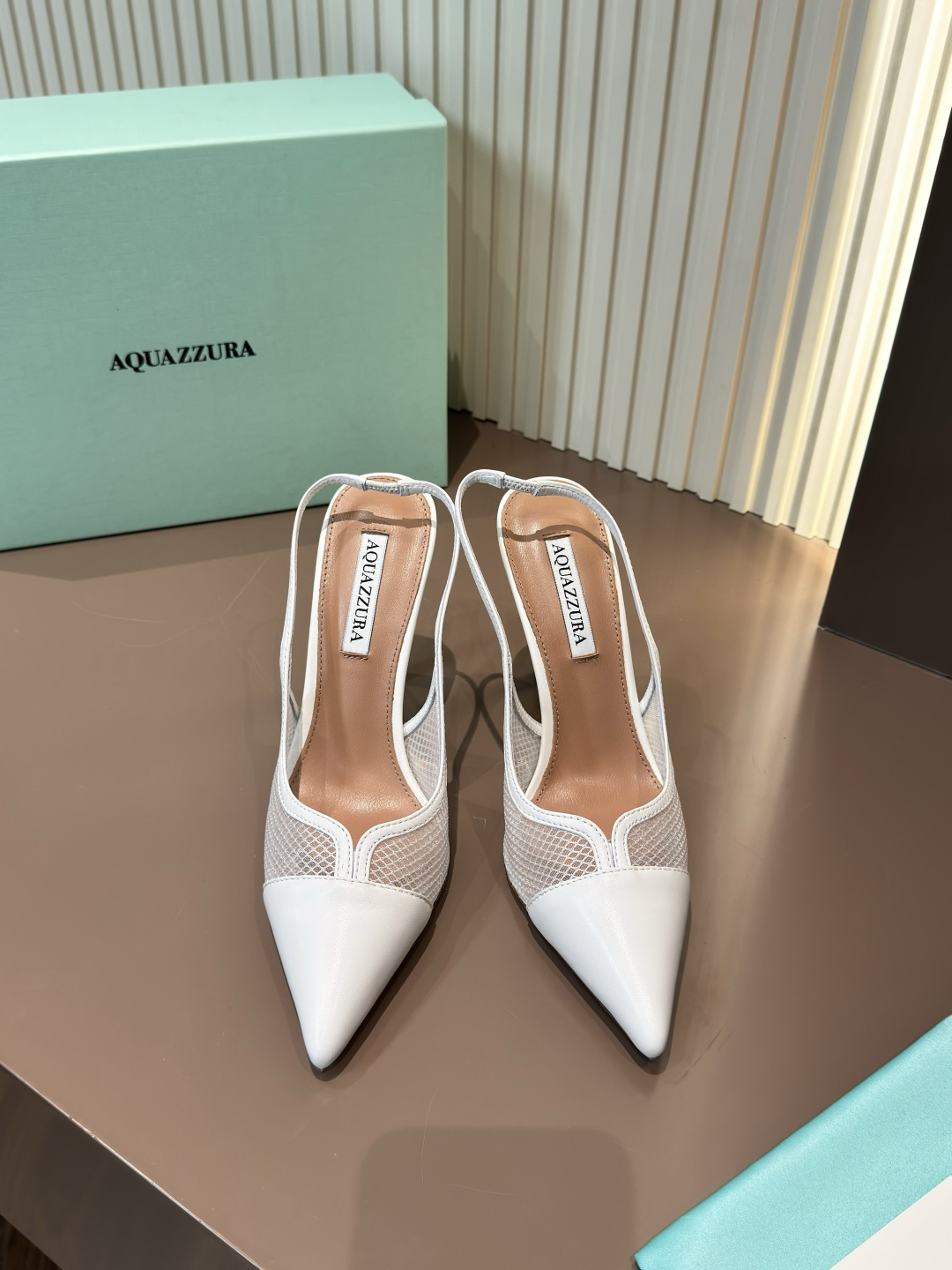 Aquazzura Pointed Toe Stiletto Mesh White High Heels