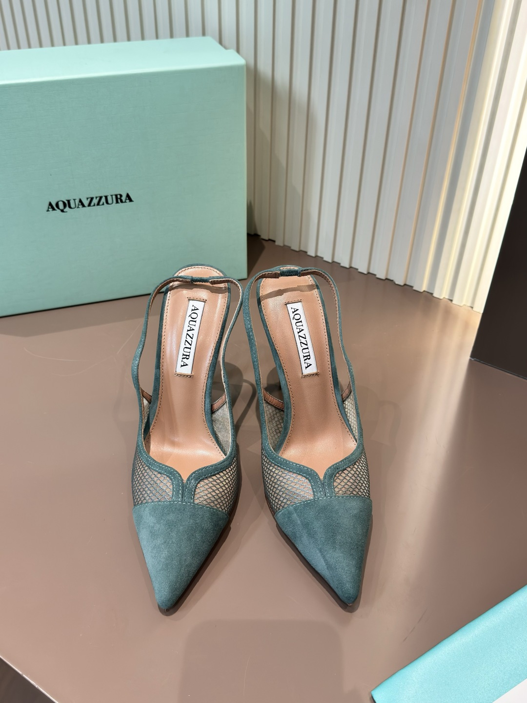 Aquazzura Pointed Toe Stiletto Mesh Suede Slingback Pump