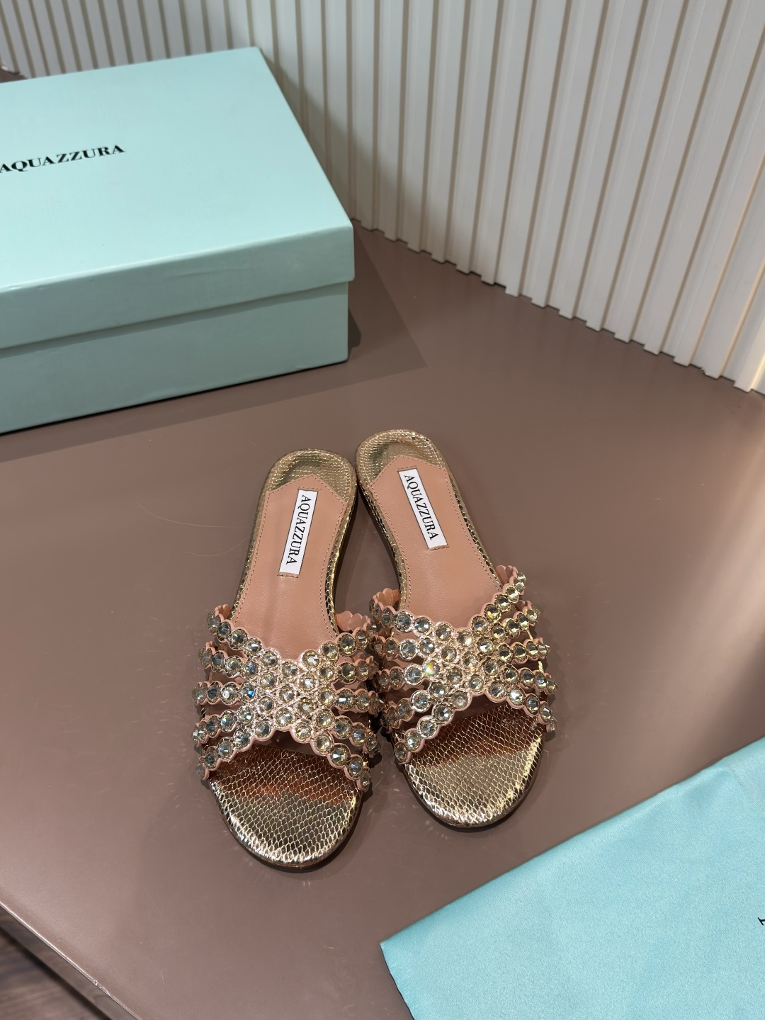 Aquazzura Sandals Rhinestone PVC Sheepskin Flats