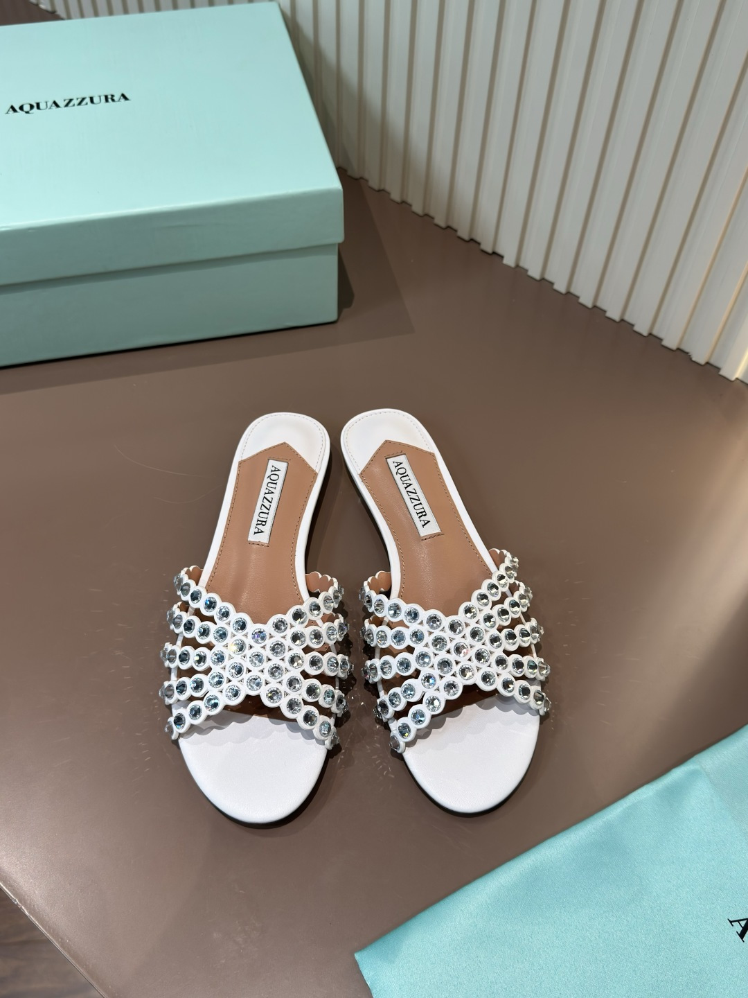 Aquazzura rhinestone slippers white flat