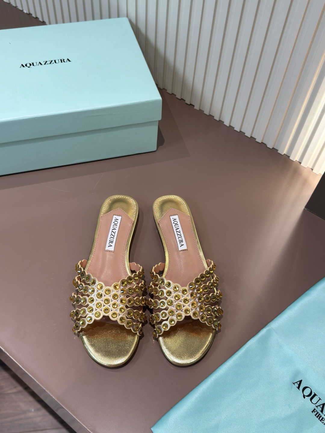Aquazzura Sandals Rhinestone PVC Sheepskin Flats